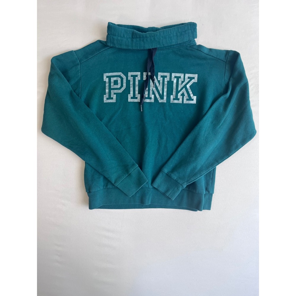 Victoria's‎ Secret PINK Teal Funnel Neck Sweatshirt Glitter Logo XS Pullover